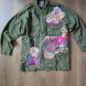 Embroidered Olive Green Military-Style Blazer Jacket
